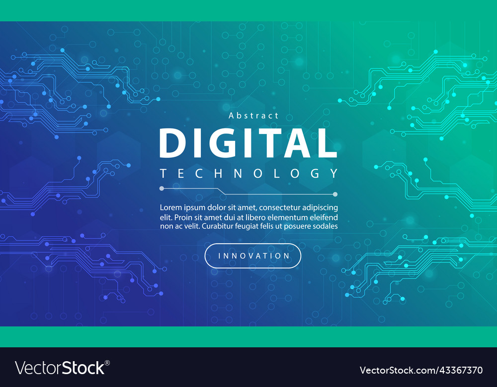 Digital technology banner blue green background ai