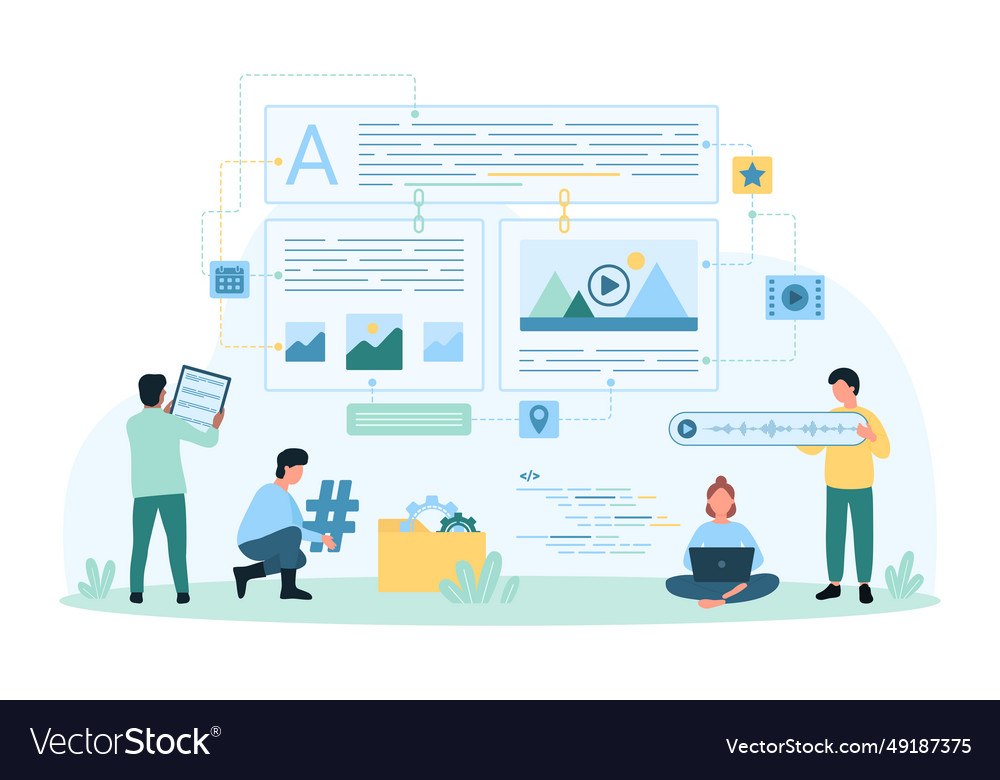Blog content management and creation tiny people vector image Blog content management and creation tiny people