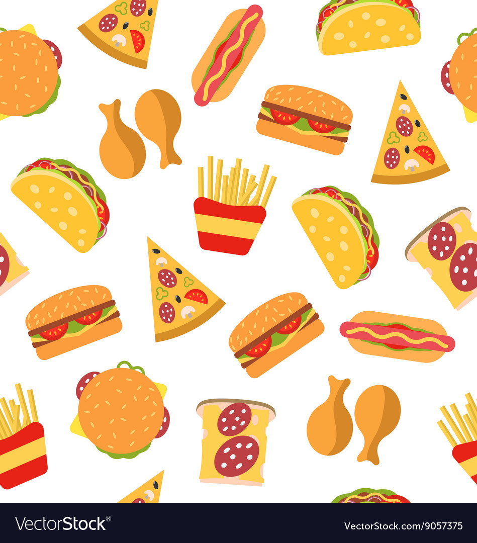 Seamless pattern with set fast food flat icons