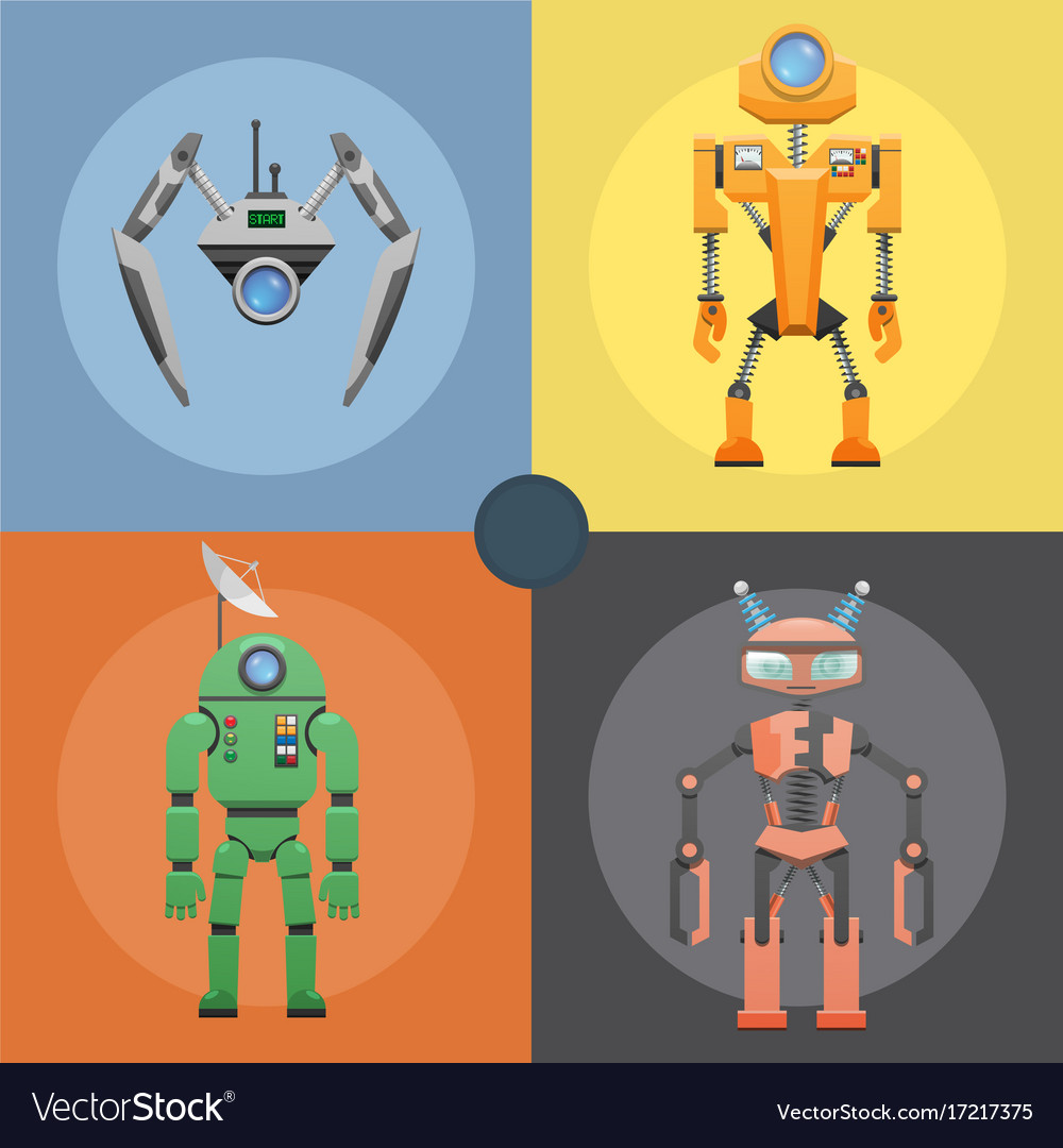 Set of metallic robots or droids on four icons