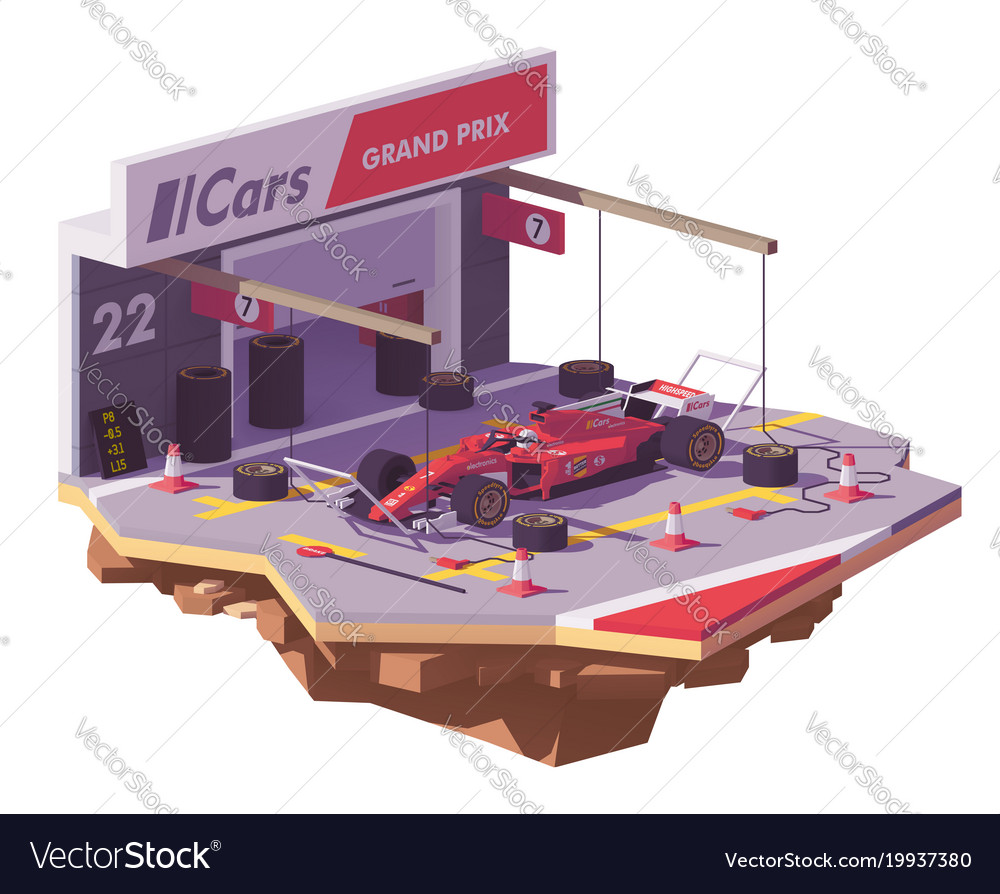 Low poly racing car and pit stop Royalty Free Vector Image