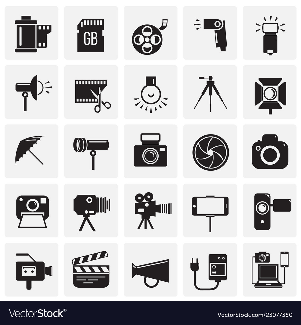Photography and videography icon set on squares