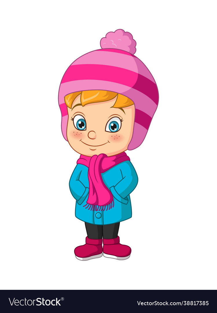 Cartoon little girl wearing winter clothes