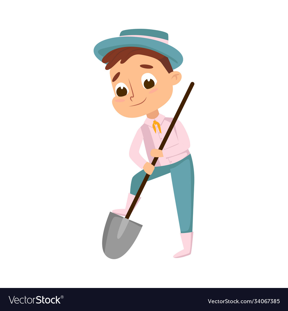 Cute boy digging with shovel little kid working Vector Image