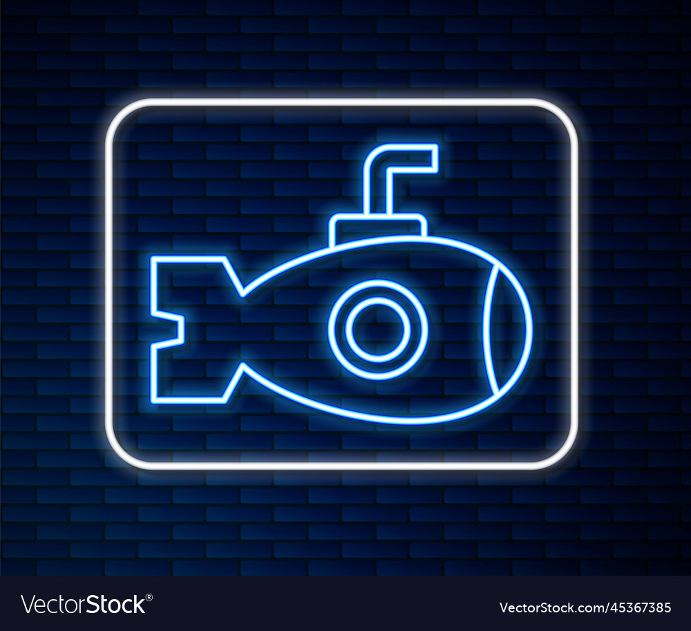 Glowing neon line submarine icon isolated on brick