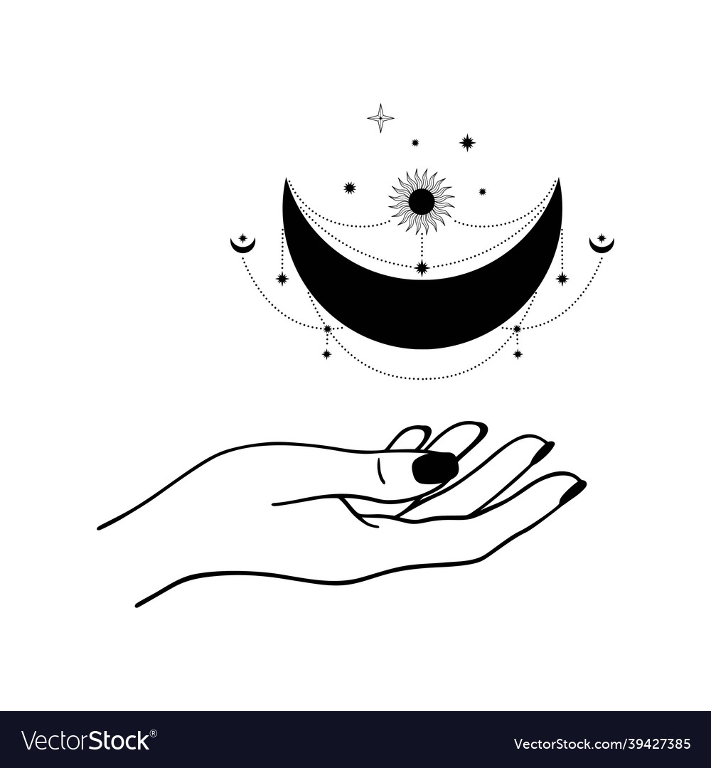 Hand Drawn Mystical Sun And Moon With Woman Vector Image