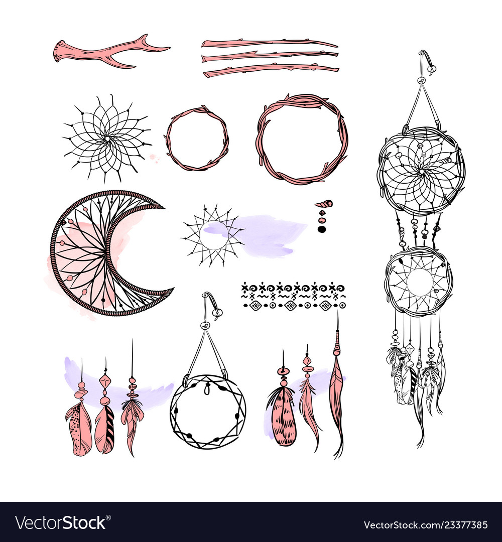 Set of dreamcatcher design elements in boho style vector image Set of dreamcatcher design elements in boho style