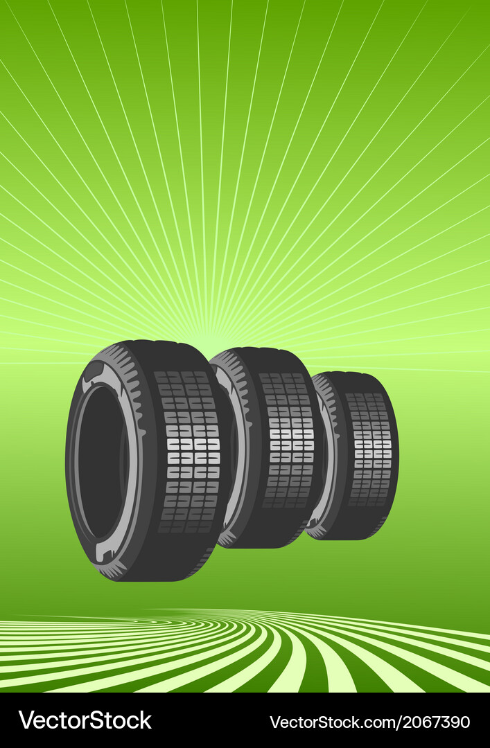 Brand new tires on green background Royalty Free Vector