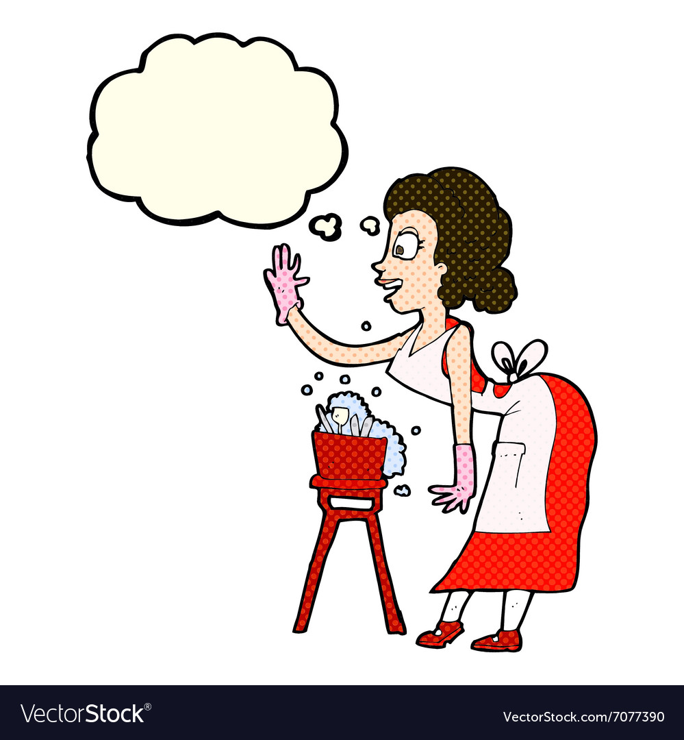 Cartoon housewife washing up with thought bubble Vector Image