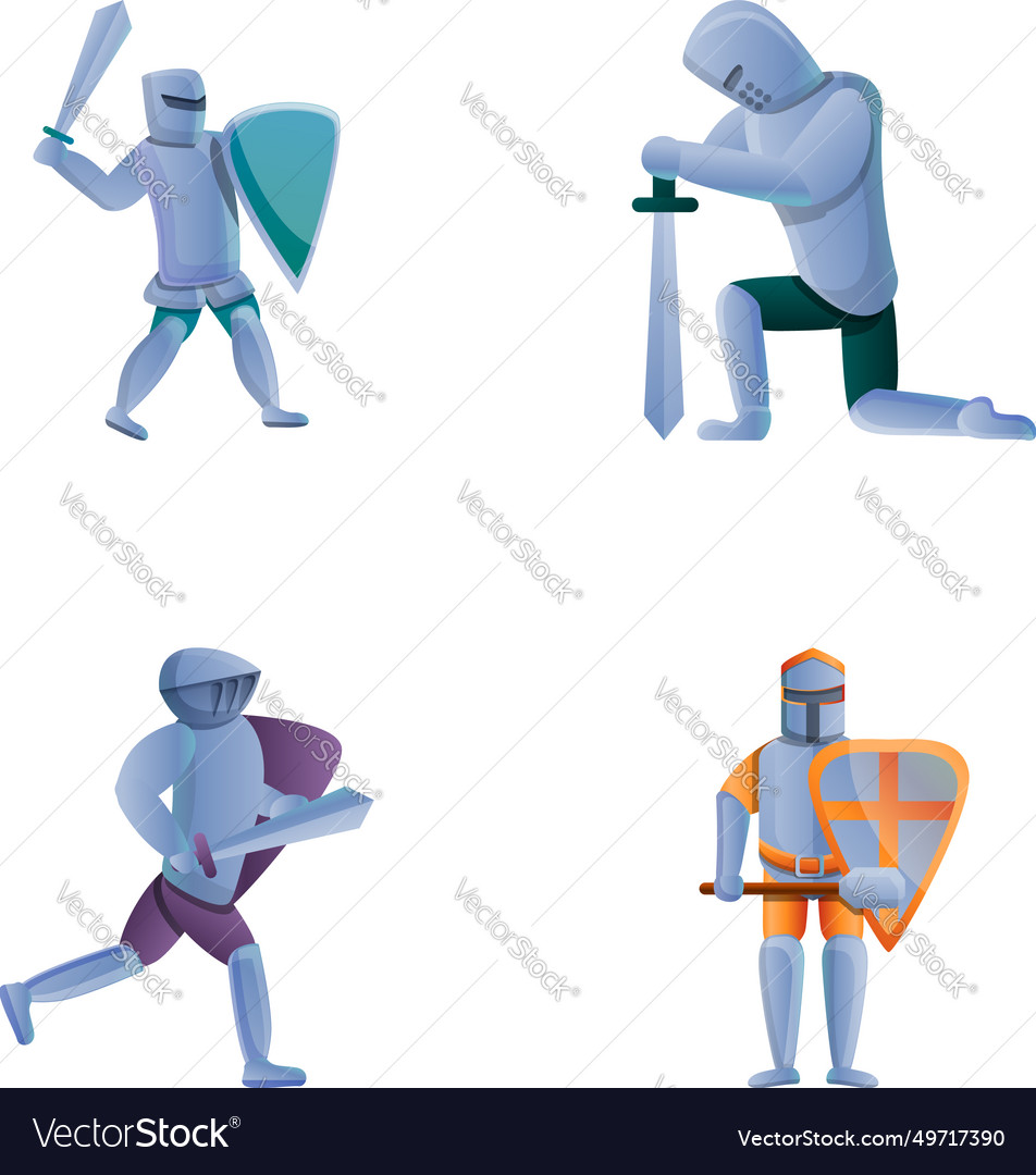 Knight icons set cartoon medieval hero