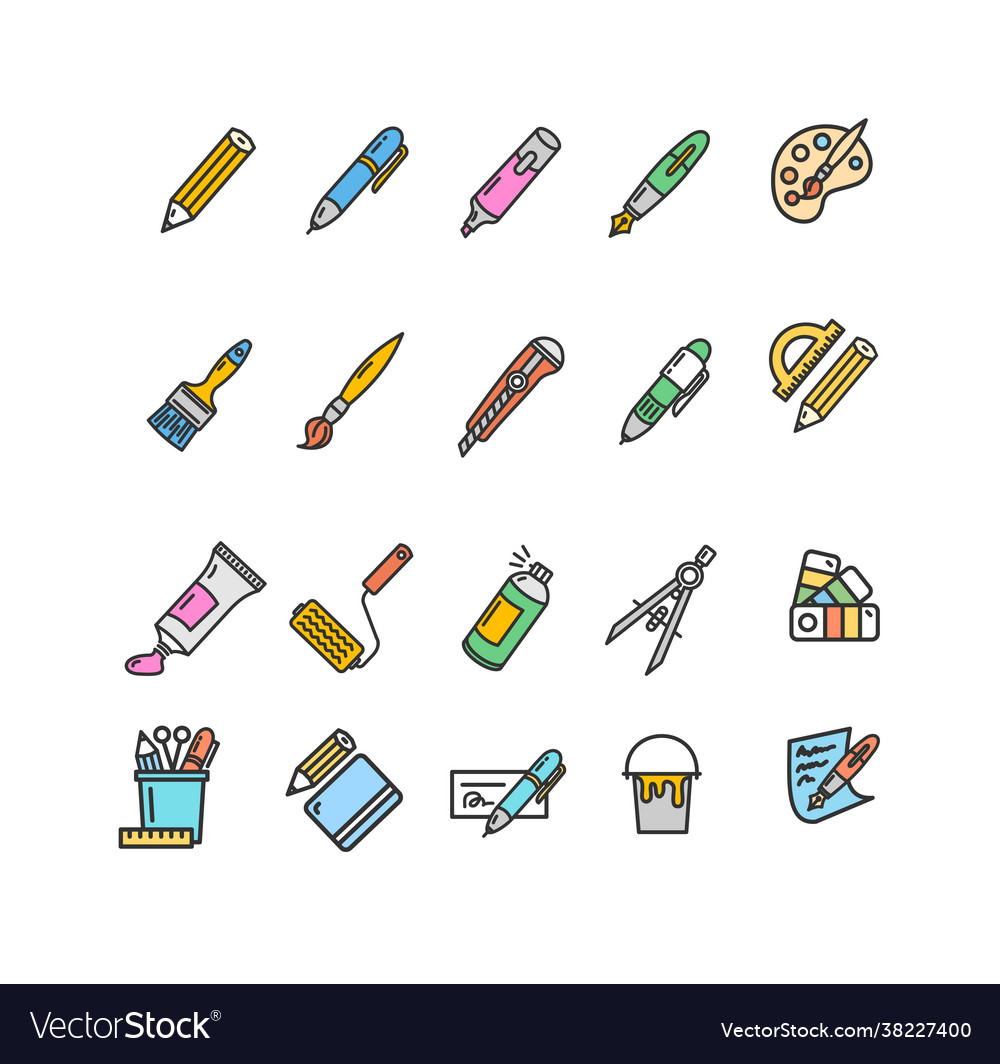 Brushes and painting sign color thin line icon set