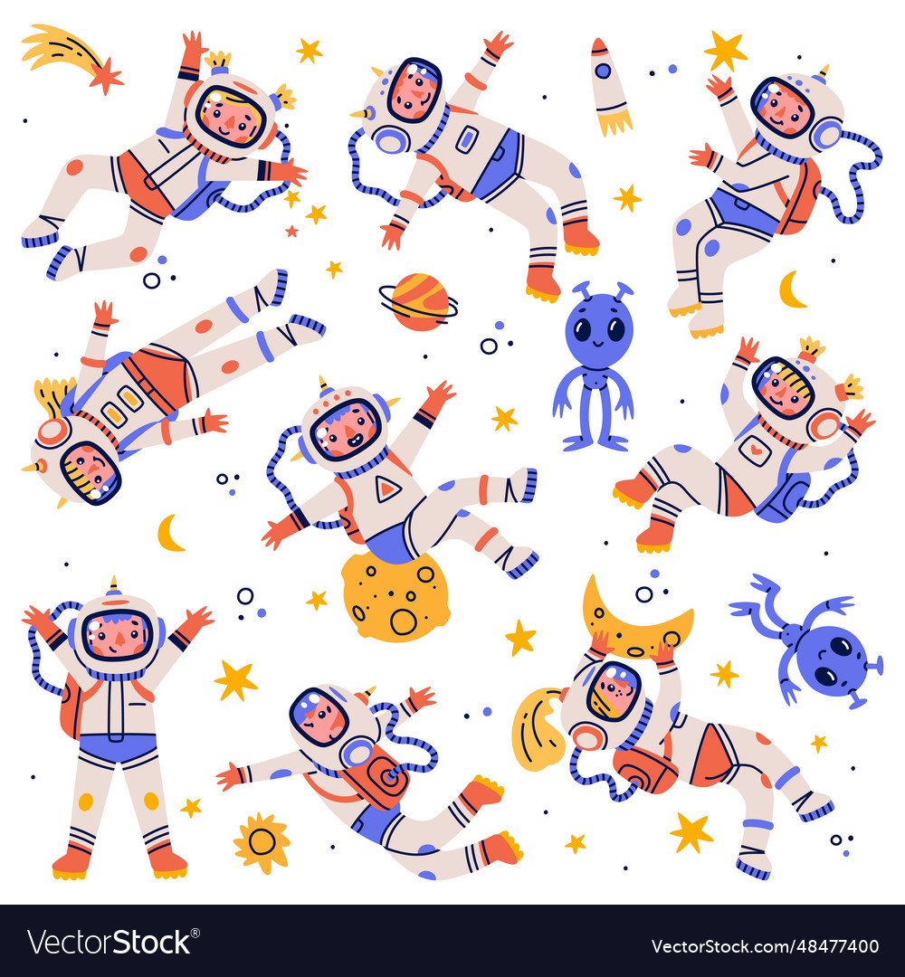Children astronaut characters floating vector image Children astronaut characters floating