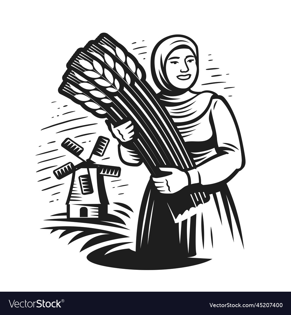 Girl or young woman farmer wheat field windmill Vector Image