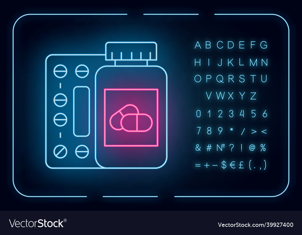 Medikamente Neon Licht Icon Pillen in der Flasche
