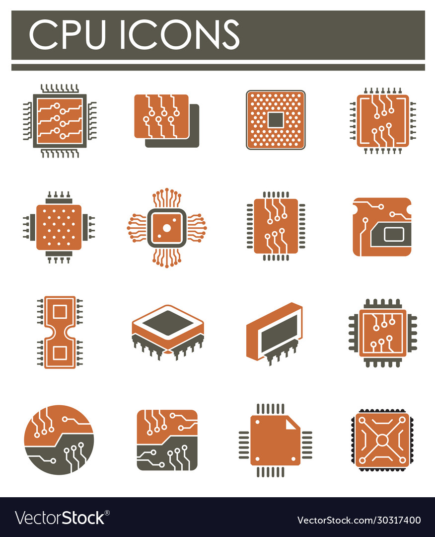 Processor chip related icons set on background vector image Processor chip related icons set on background