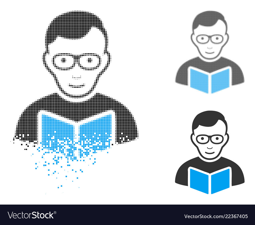 Dissolving pixel halftone reader student icon Vector Image Dissolving pixel halftone reader student icon