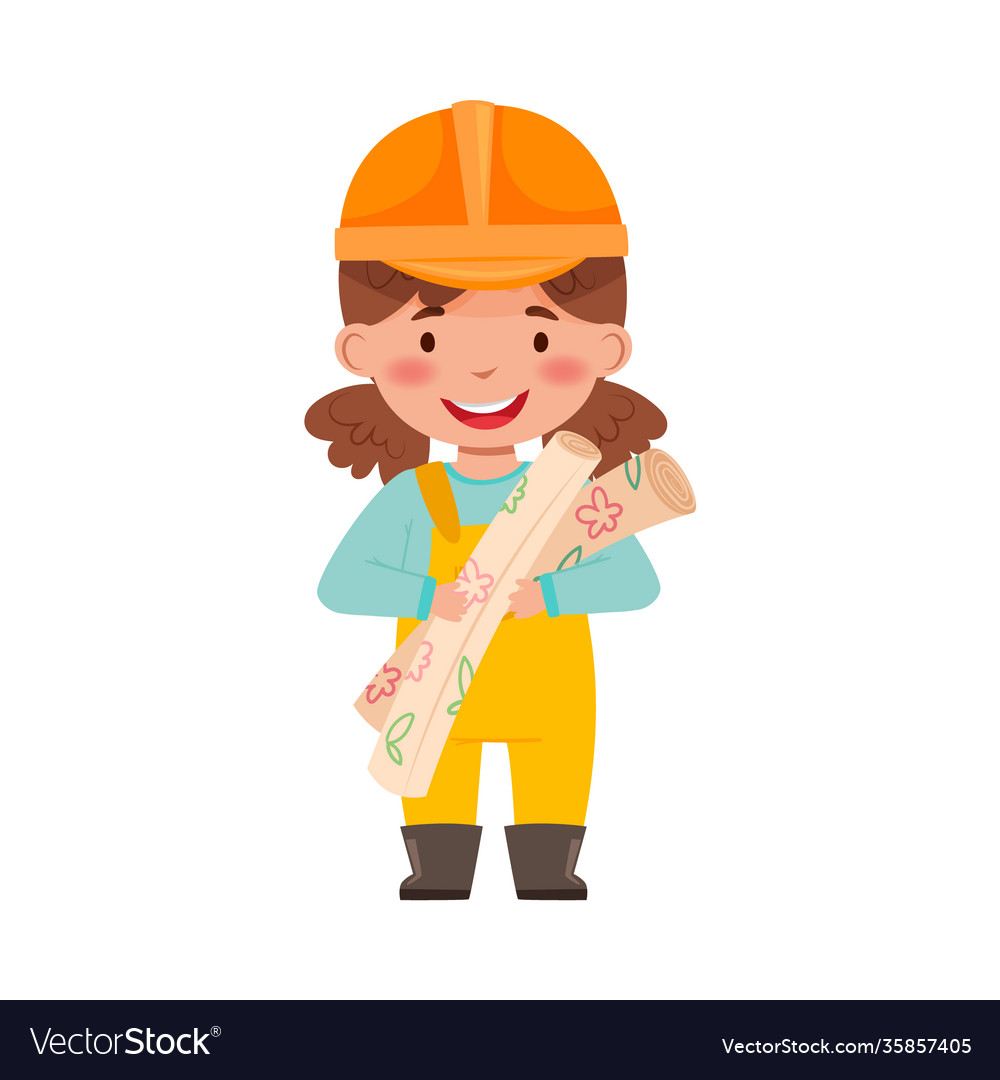 Little girl builder wearing hard hat holding