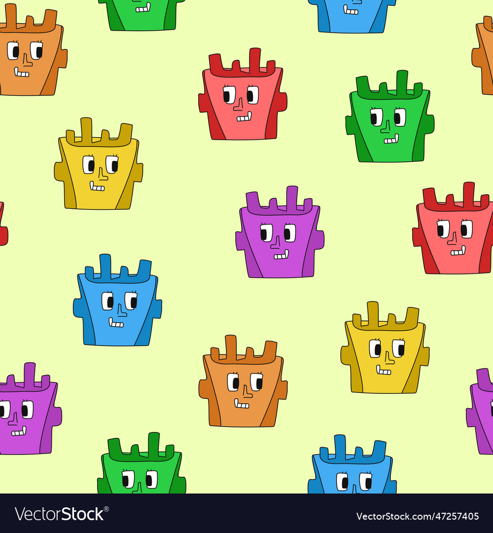 Seamless pattern with colorful robot faces doodle vector image Seamless pattern with colorful robot faces doodle