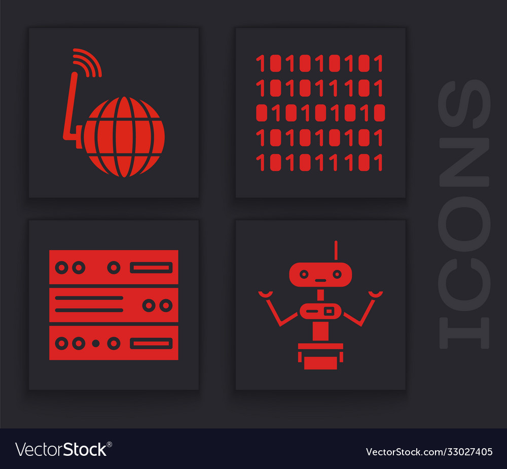 Roboter soziale Netzwerk binäre Code und Server einstellen vector image Roboter soziale Netzwerk binäre Code und Server einstellen