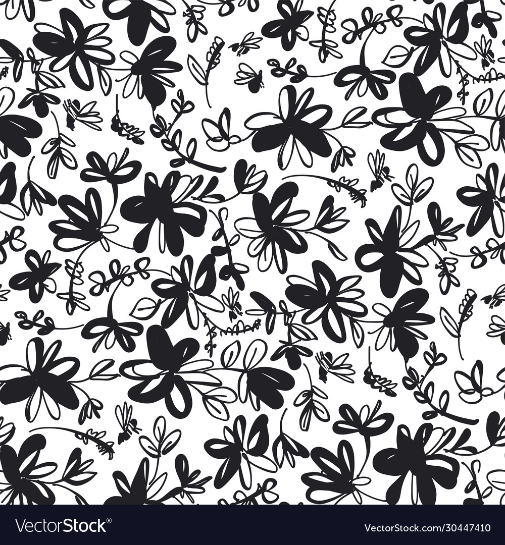 Black and white cute floral sketch seamless Vector Image