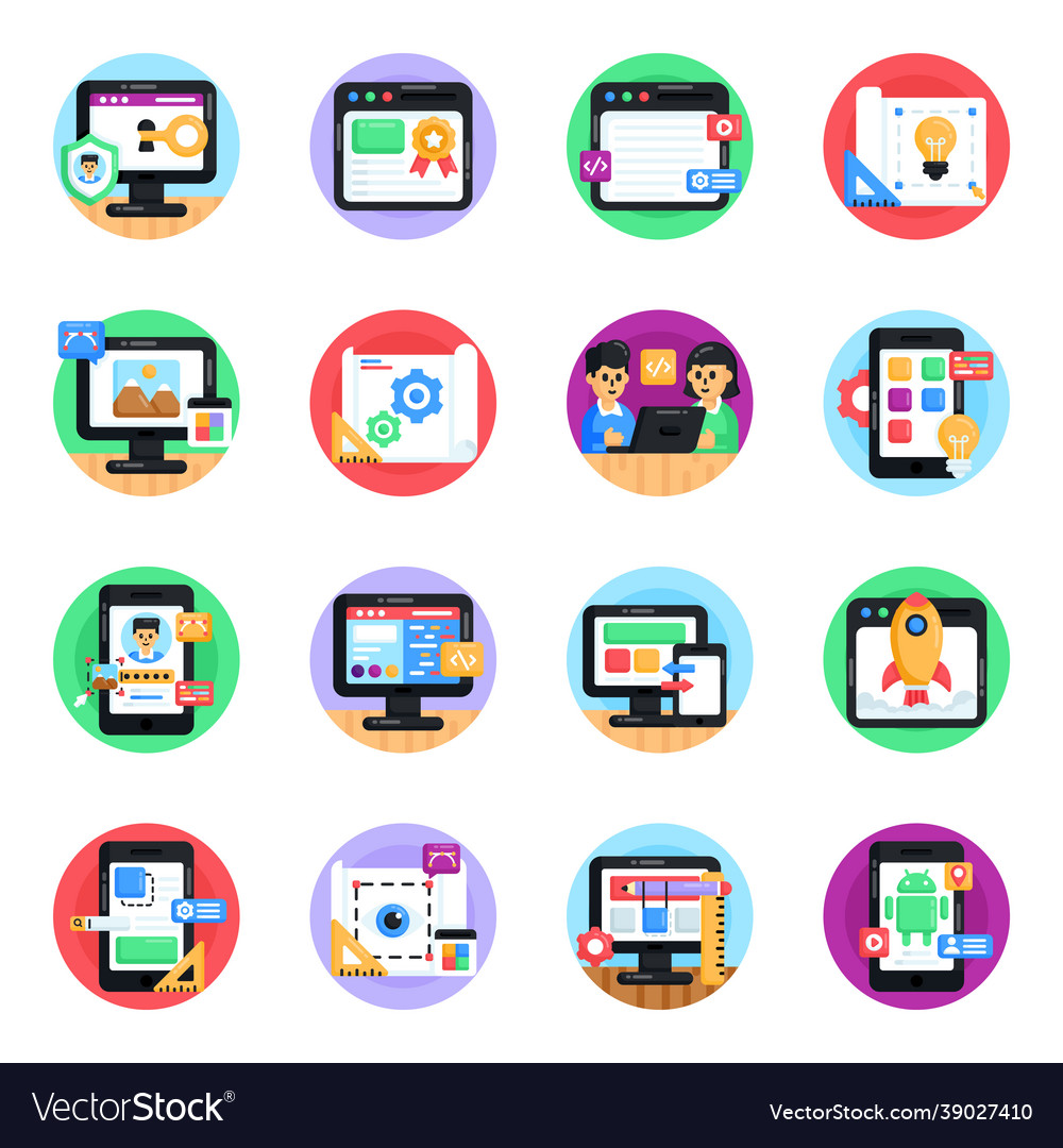 Flat round icons of website development