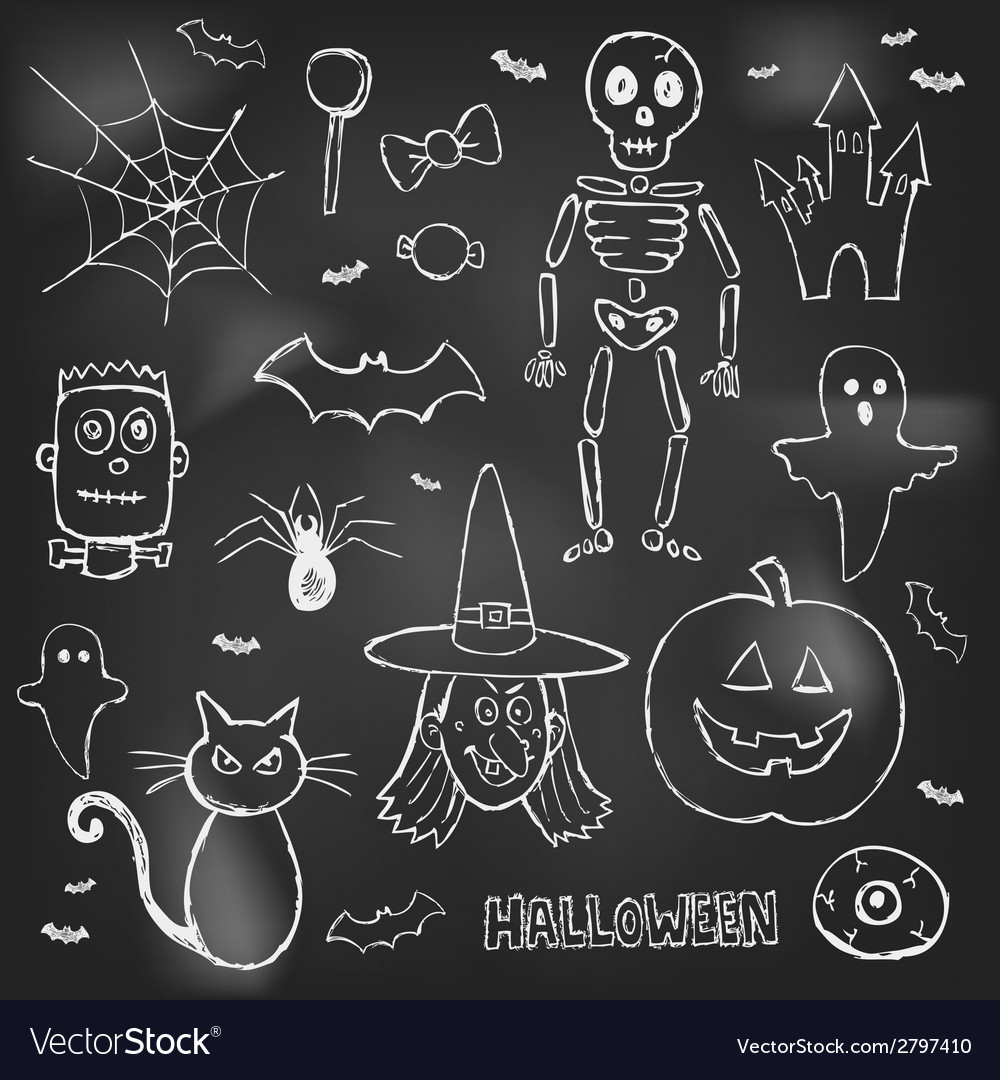 Halloween Hand Drawn Doodles Over Black Board Vector Image