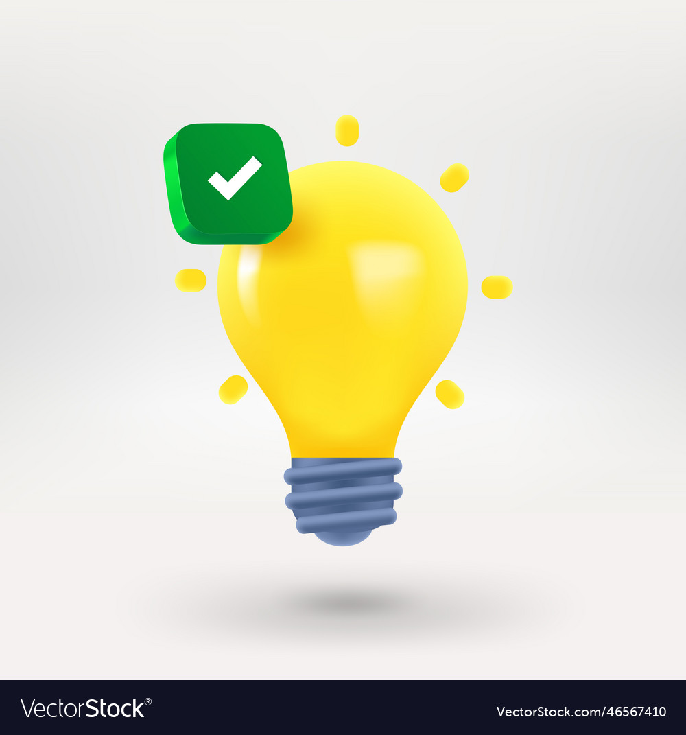 Lighting bulb icon with green check mark 3d Vector Image