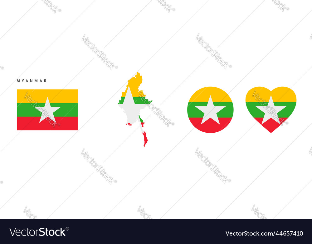 Myanmar flag in different shapes icon set flat Vector Image Myanmar flag in different shapes icon set flat