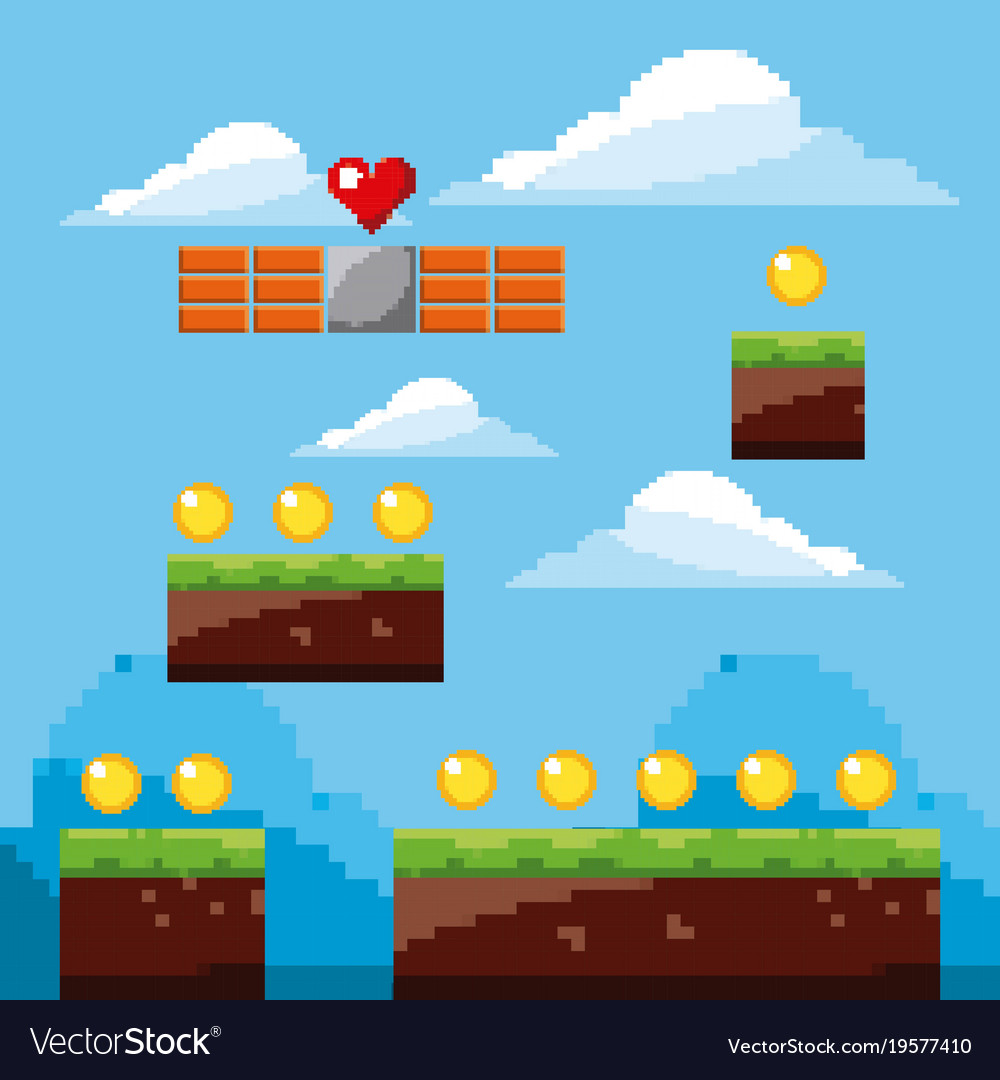 Pixel game arcade world gold coins landscape