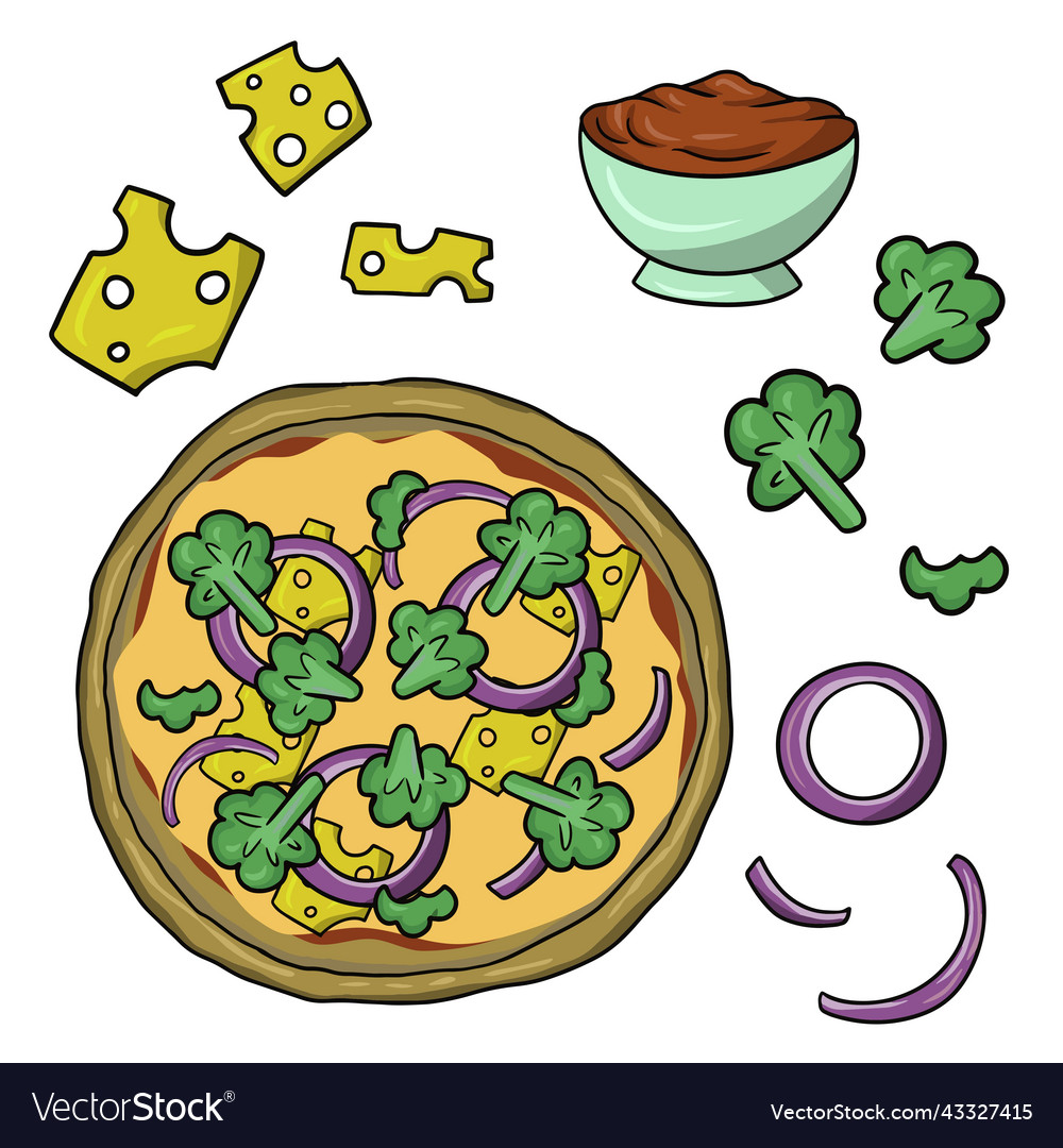 A set of icons for creating pizza with broccoli