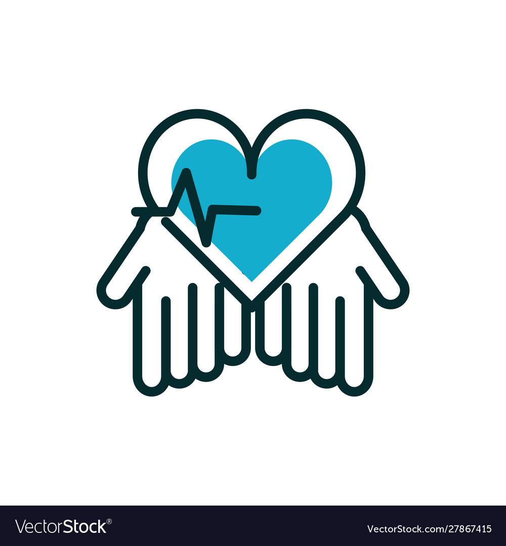 Hands with heartbeat medical icon line fill