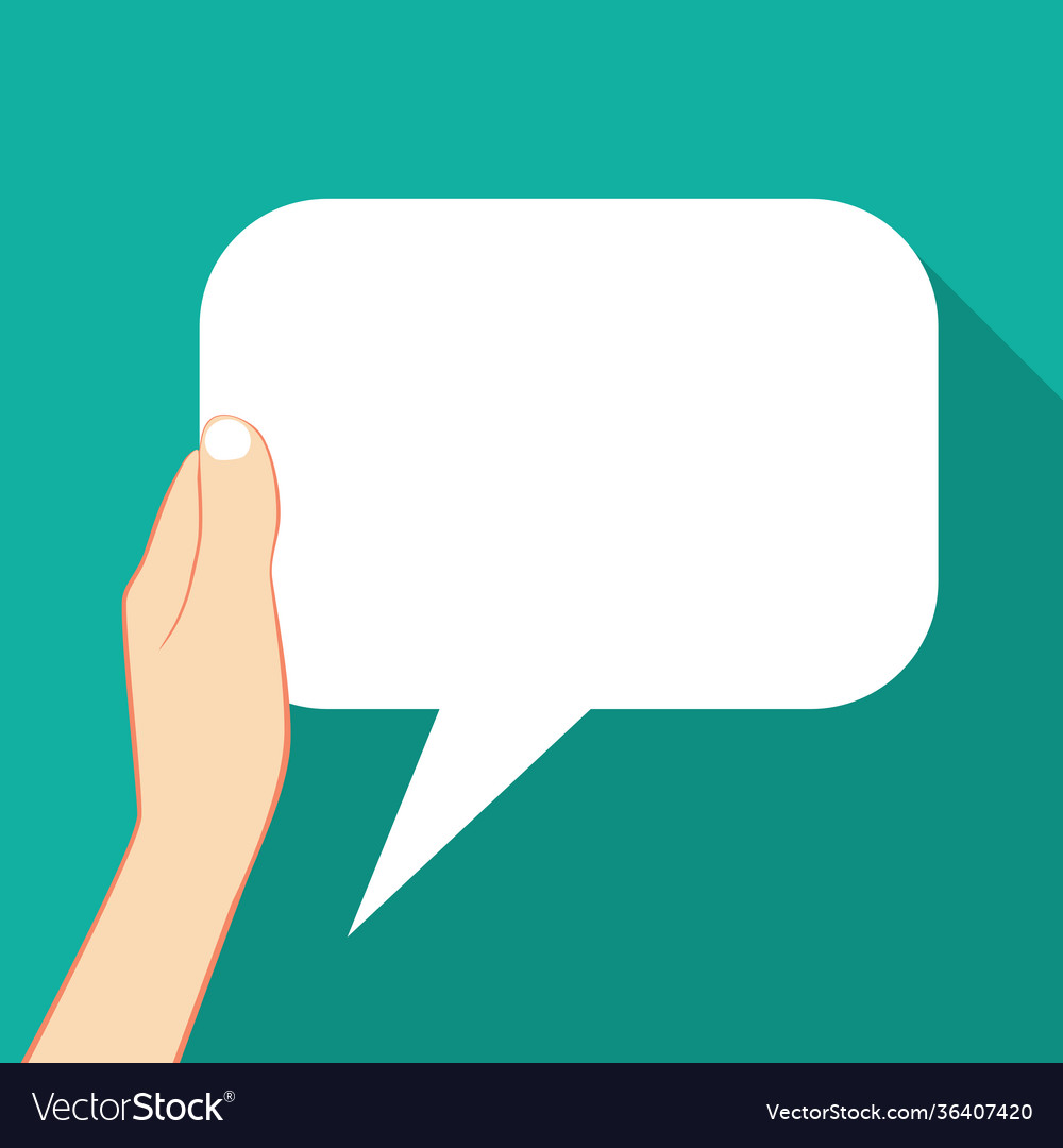 Hand holding an empty speech bubble on background