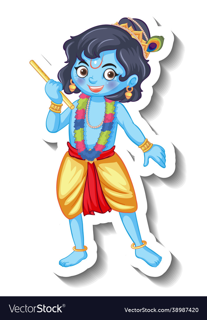 Lord krishna kid cartoon character sticker Vector Image