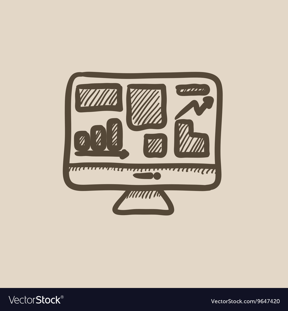 Monitor with business graphs sketch icon