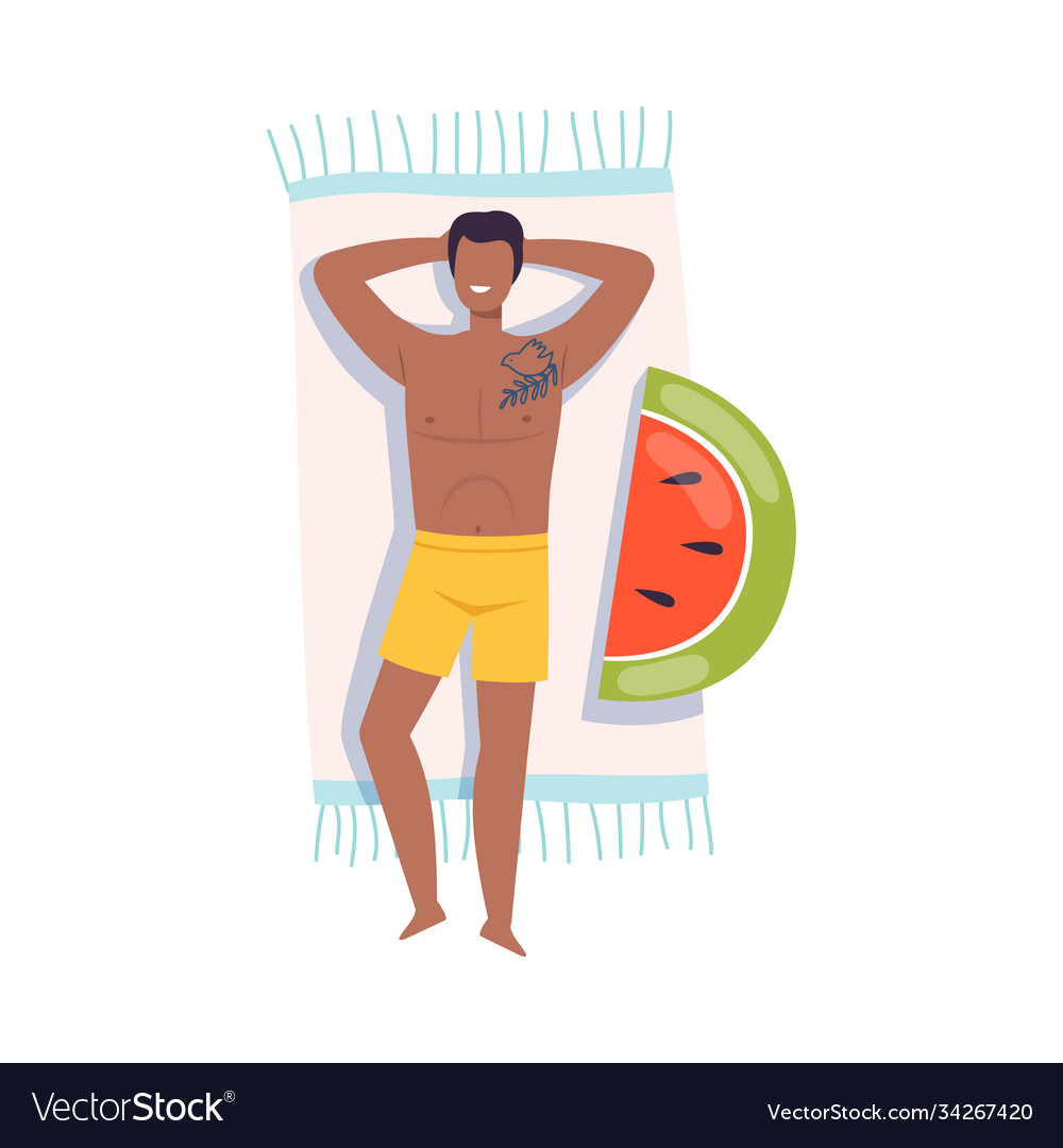 Entspannter Mann mit Tattoo mit Ruhe am Strand liegen vector image Entspannter Mann mit Tattoo mit Ruhe am Strand liegen