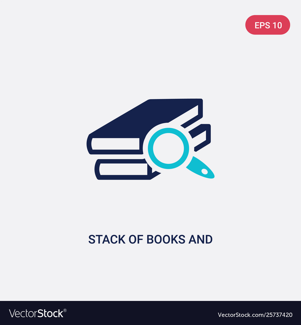 Two color stack books and magnifier icon from