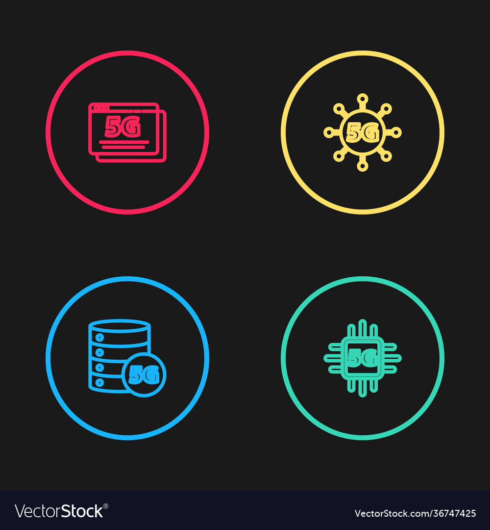 Set line server 5g network processor and icon vector image Set line server 5g network processor and icon