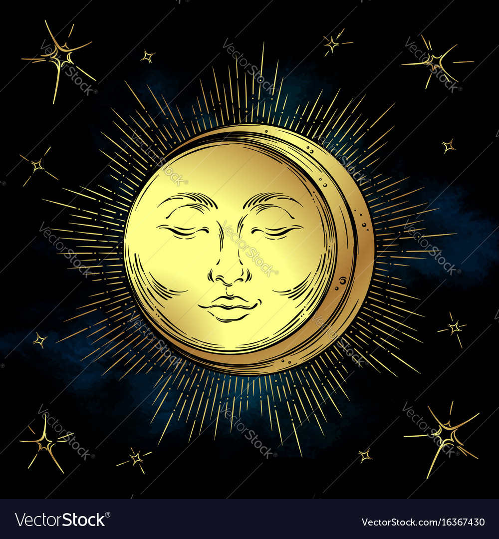 Antique Style Hand Drawn Art Golden Sun And Moon Vector Image