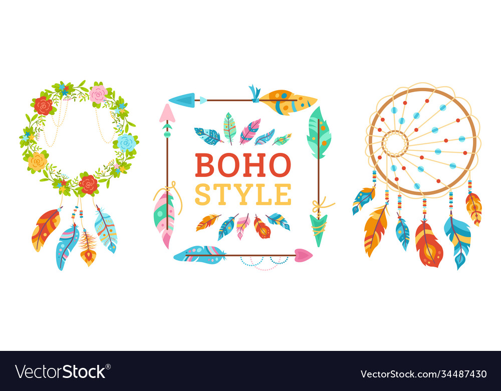 Boho style design element set wreath arrow feather
