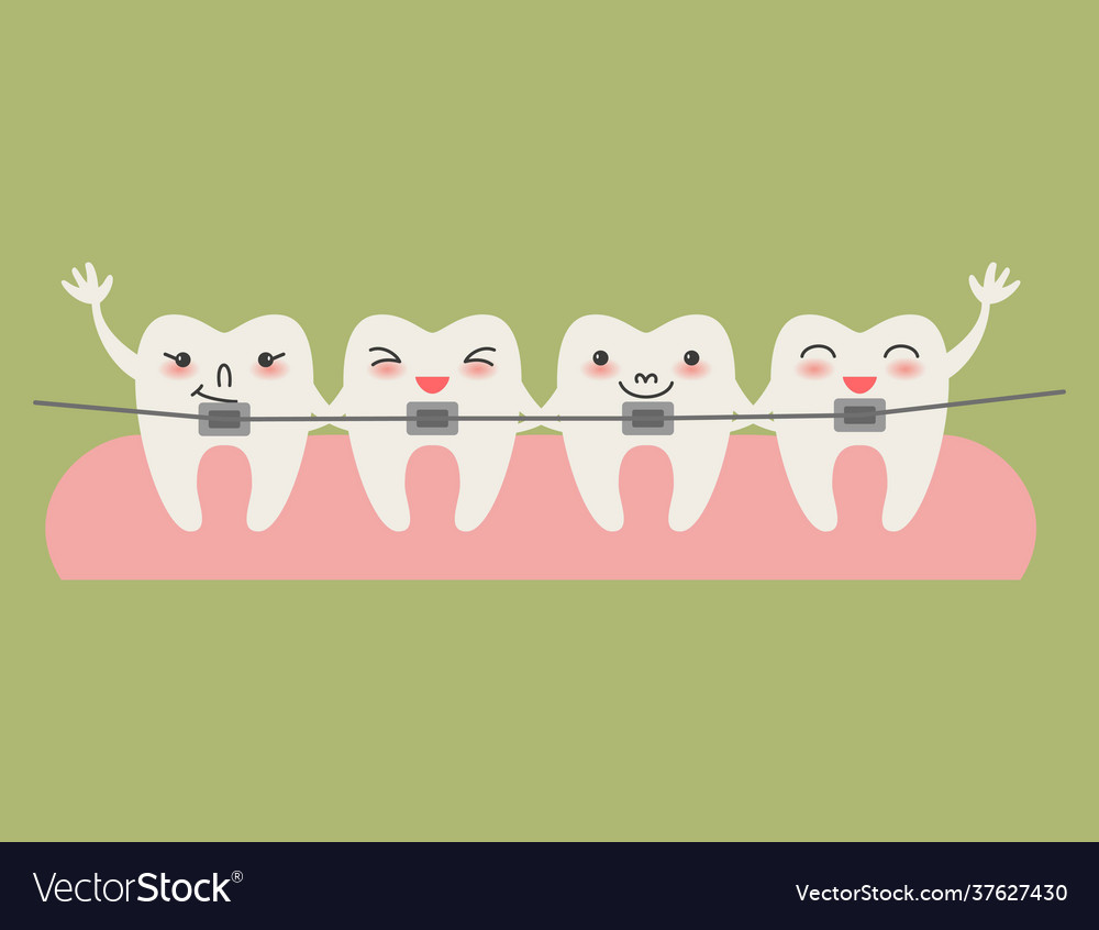 Cartoon teeth with braces on green background