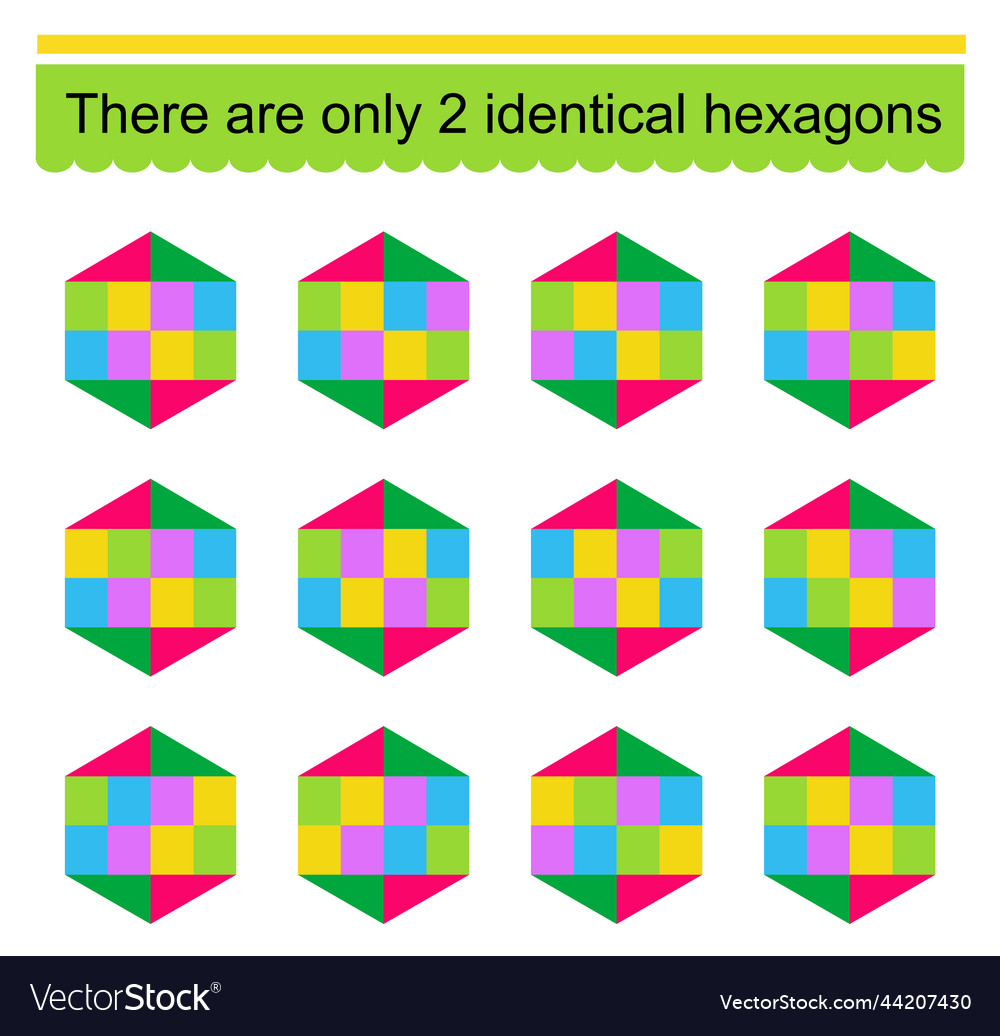 Fun puzzle game find two identical hexagons Vector Image Fun puzzle game find two identical hexagons