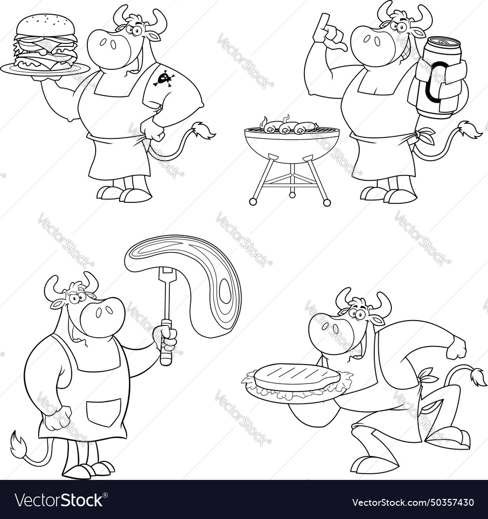 Outlined bull cartoon mascot character collection