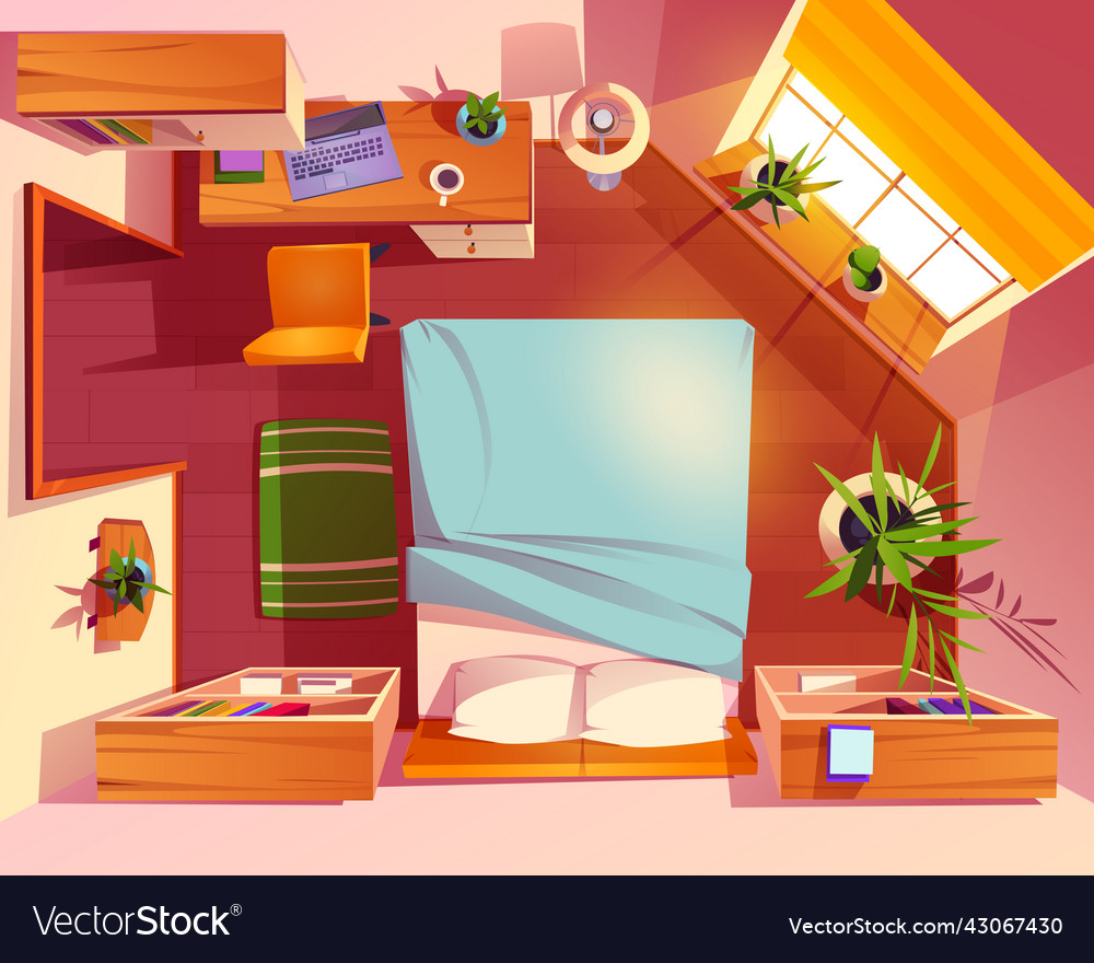 Top view of bedroom interior with bed Royalty Free Vector