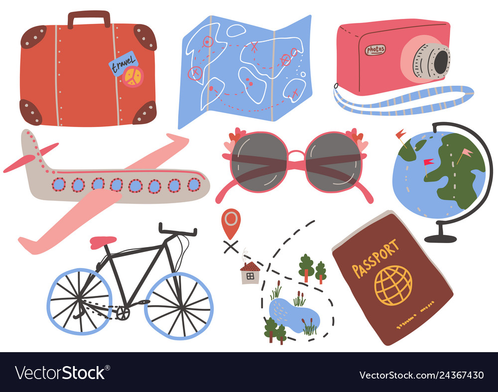 Travel objects collection suitcase map camera