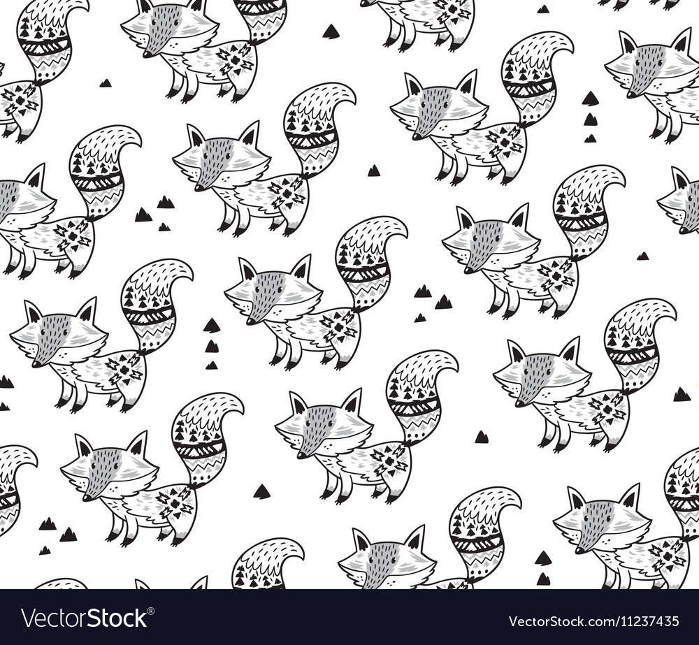 Black and white seamless pattern with foxes