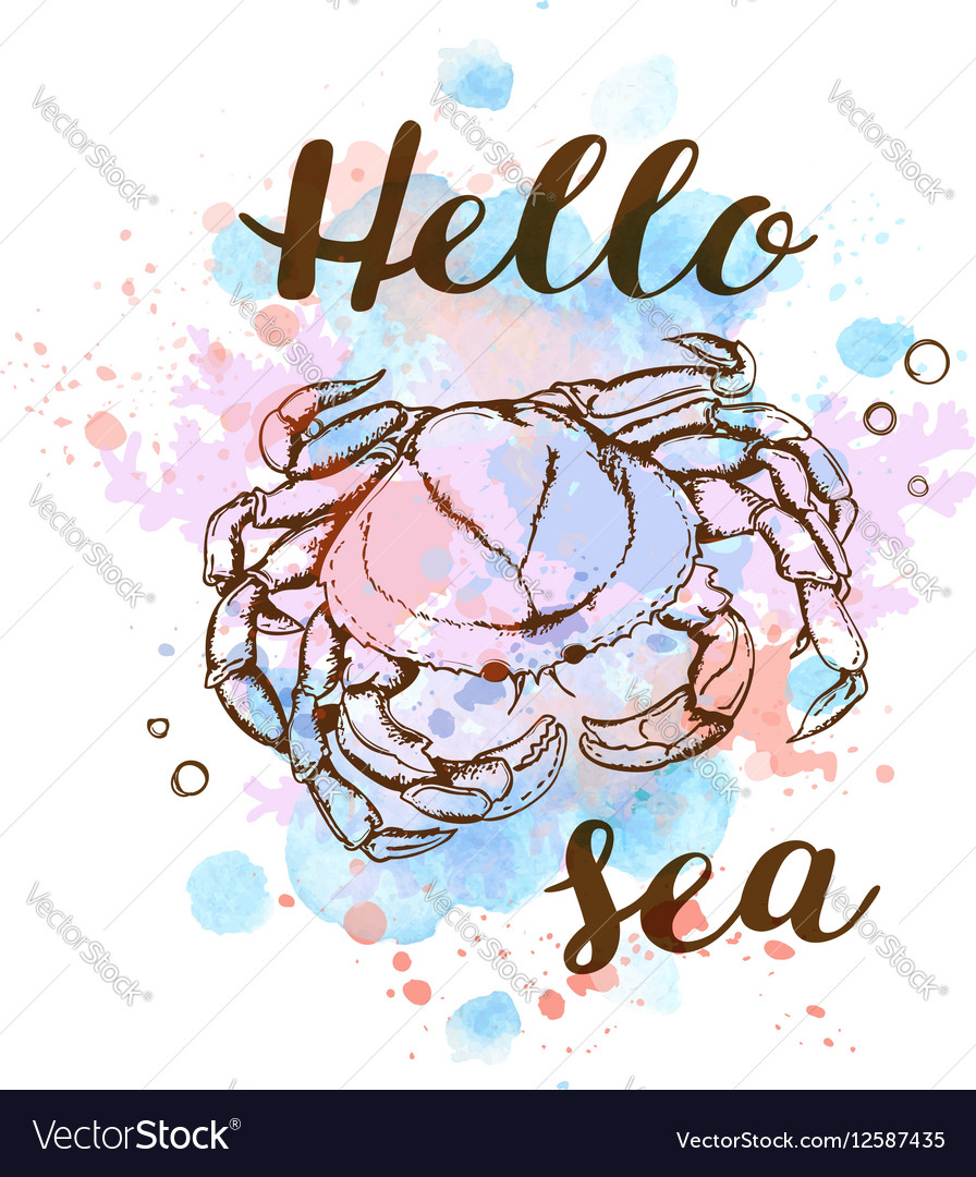 Blue watercolor texture and crab Royalty Free Vector Image