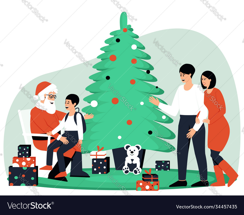 Happy family visiting santa claus