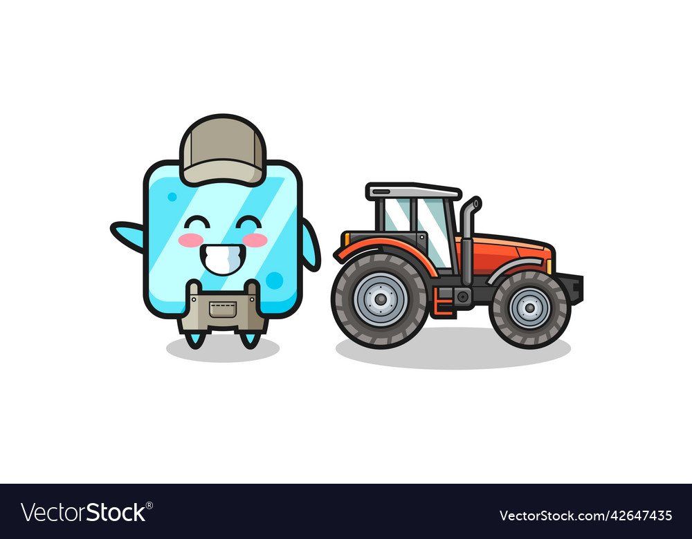 Ice cube farmer mascot standing beside a tractor
