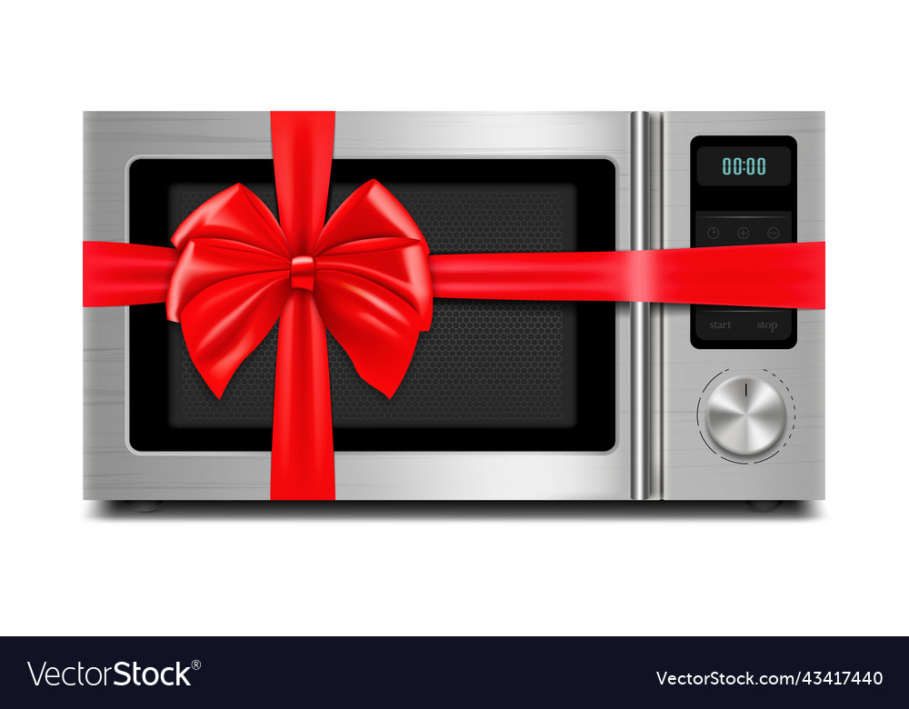 Microwave with red ribbon and bow 3d rendering vector image Microwave with red ribbon and bow 3d rendering