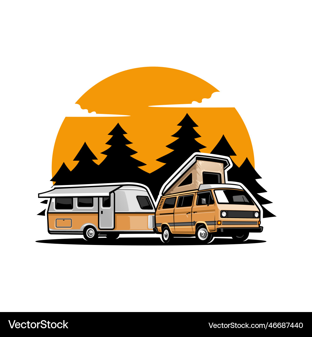 Retro rv car with camper trailer Royalty Free Vector Image